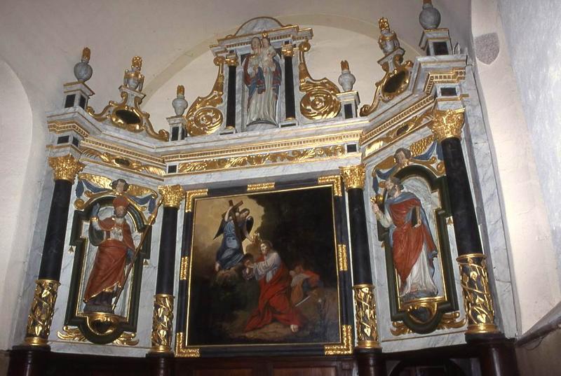 retable du maître-autel, trois statues : Saint Thuriau, Saint Paul et la Vierge à l'Enfant et tableau : Christ au jardin des oliviers