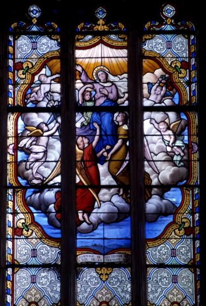 trois verrières:hommage du recteur à Notre-Dame de la Houssaye, 1902, détail médaillon - © Monuments historiques