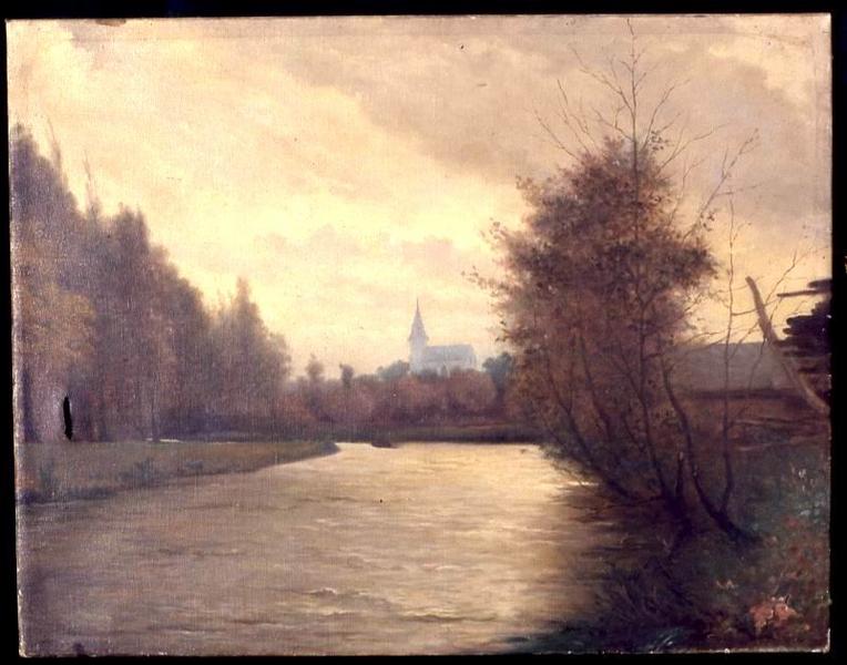 tableau : Paysage, cours d'eau et église - © Monuments historiques
