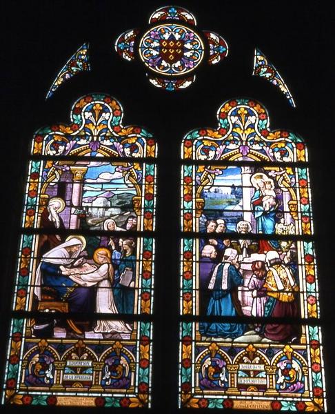 verrières du choeur : vitrail n°1 Éducation de la Vierge et prière à Notre-Dame-de-Bon-Secours - © Monuments historiques