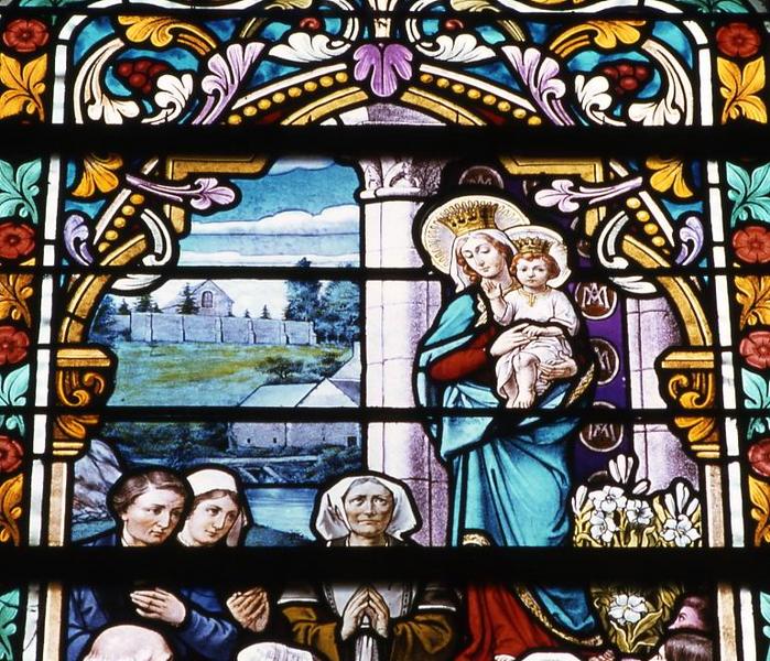 verrières du choeur : vitrail n°1 Éducation de la Vierge et prière à Notre-Dame-de-Bon-Secours, détail - © Monuments historiques