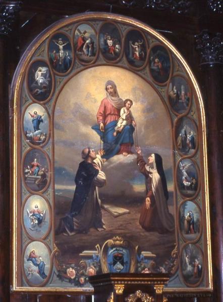 tableau du retable latéral nord : Donation du Rosaire à saint Dominique et sainte Catherine - © Monuments historiques