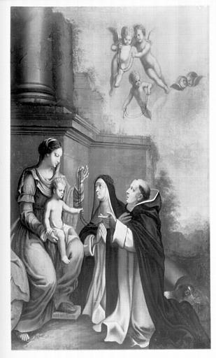 Peinture sur toile : Vierge à l'Enfant avec saint Dominique et sainte Catherine de Sienne, Distribution du Rosaire, état après restauration