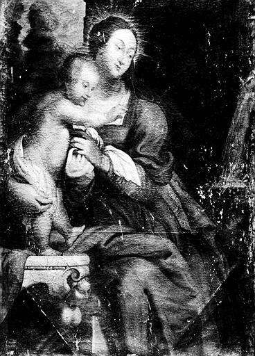 Peinture sur toile : Vierge à l'Enfant aux armes des Gouffier, d'après Murillo, état avant restauration