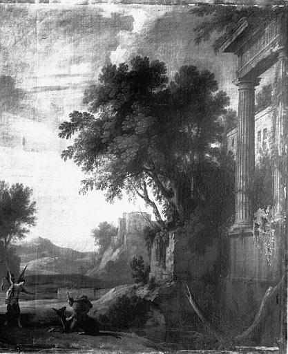 Peinture sur toile, dessus de glace de la salle dorée : Paysage et ruines, état avant restauration