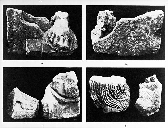 Fragments de sculptures : A. pied avec sandale, B. idem revers, C. pied de boeuf et pieds nus croisés, D. crinière de lion