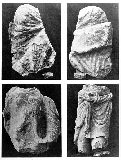 Fragments de sculptures : A. fragment indéterminé, B. avers et revers, C. fragment personnage drapé, D. personnage