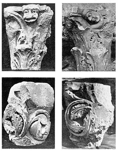 Fragments de sculptures : chapiteaux de la clôture du choeur A. tête d'animal, B. tête inclinée, C. de l'école d'Arles, D. feuilles d'acanthe