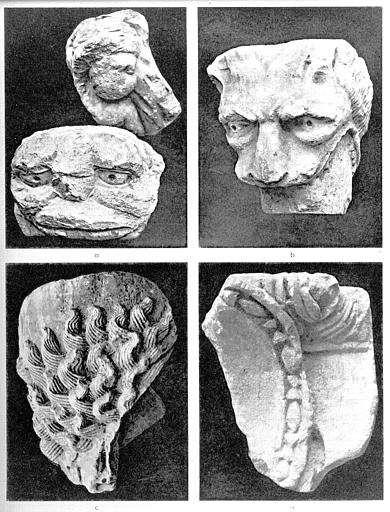 Fragments de sculptures : A. tête d'enfant, B. colonne prise dans la gueule d'un lion, C. crinière de lion, D. auréole