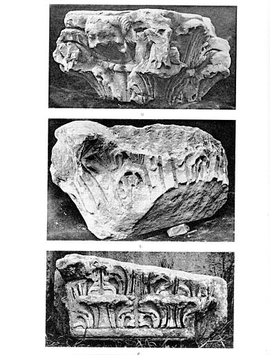 Fragments de sculptures : A. chapiteau avec tête d'enfant, B. chapiteau de demi colonne, C. chapiteau de colonne engagée