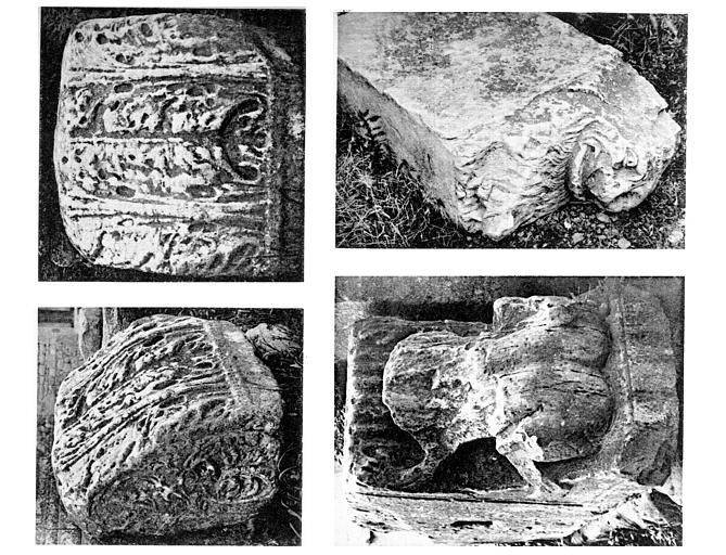 Fragments de sculptures : A. fragment d'un lion, B. homme assis vu de dos, C. face d'une colonne, D. idem vue de côté