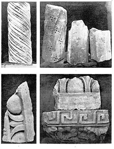 Fragments de sculptures : A. colonne torse, B. colonnes torses, D. corniche sculptée