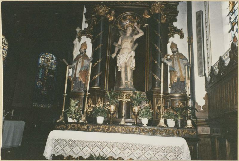 autel, retable, 3 statues : saint Sébastien, évêques (autel secondaire de saint Sébastien) (détail)