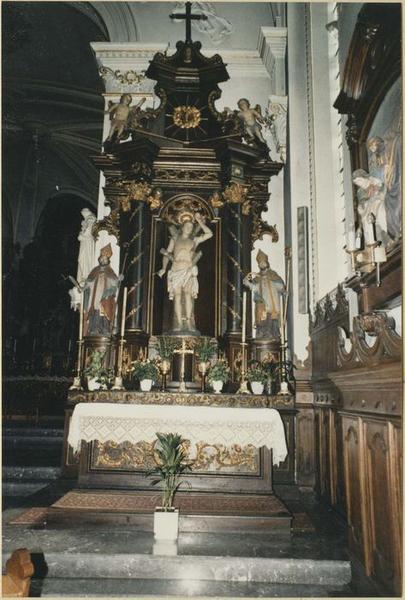 autel, retable, 3 statues : saint Sébastien, évêques (autel secondaire de saint Sébastien) (vue d'ensemble)