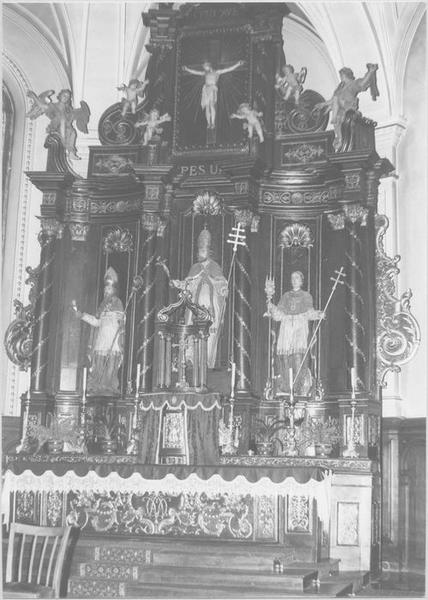 autel, tabernacle, exposition, retable, 3 statues : saint Innocent, saint Augustin, saint Norbert (maître-autel) (vue d'ensemble)