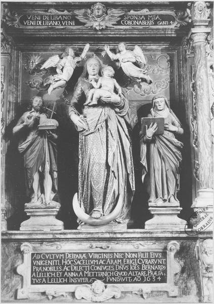 retable, groupe sculpté : Vierge à l'Enfant entre deux anges, 2 statues : sainte Anne, saint Jean-Baptiste