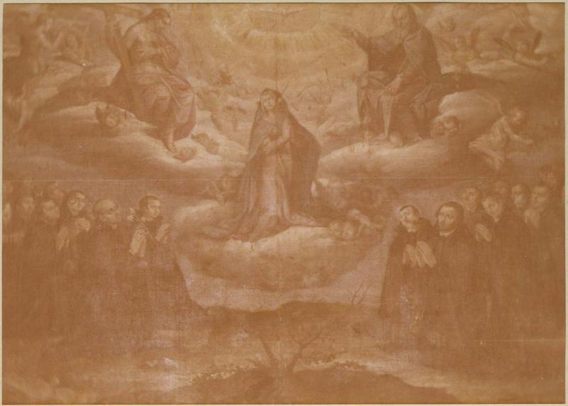 tableau : le Couronnement de la Vierge avec religieux et saints de l'ordre des jésuites