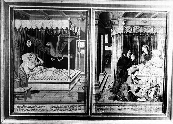 premier volet formé deux panneaux peints, état après restauration. Triptyque, Scènes de la vie de saint Eloi : premier volet formé  deux panneaux peints, état après restauration