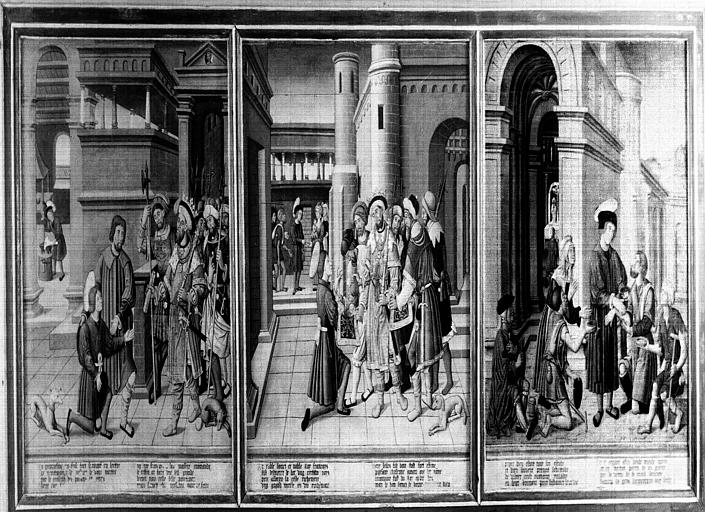 Triptyque, Scènes de la vie de saint Eloi : fond de table formé de  trois panneaux peints, état après restauration
