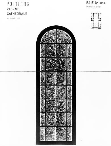 Photomontage de vitrail : baie A1, Enfance du Christ, état après  restauration