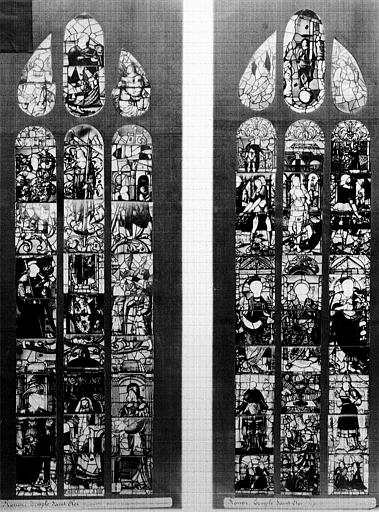 Photomontage de vitrail datant de 1921 : baies 1 et 2