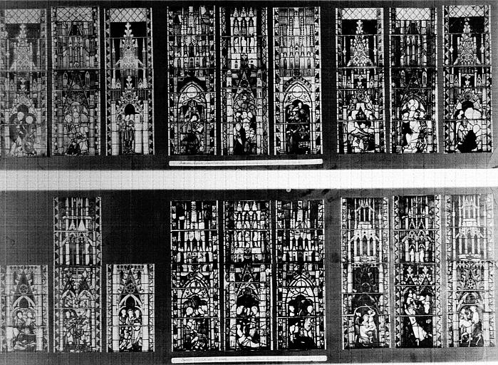 Photomontage de vitrail datant de 1921 : baies 31, 33, 34, 35, 36,  38