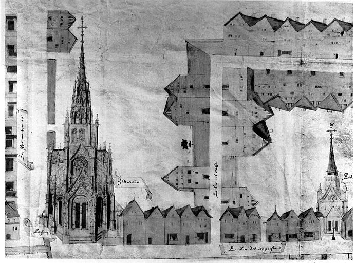 Elévation de la façade ouest et des façades des maisons des  alentours