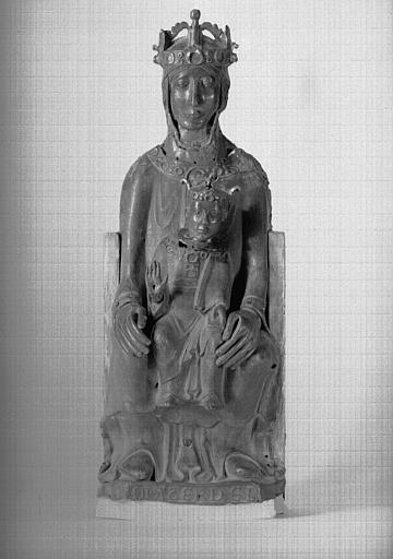 Statue en plomb : Vierge à l'Enfant assise, face