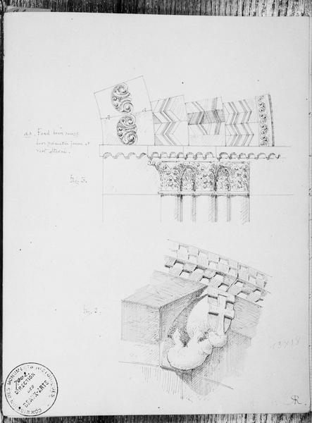 Dessin : fig. 2 détail de la corniche et d'un corbeau, fig.3 détail du portail ouest