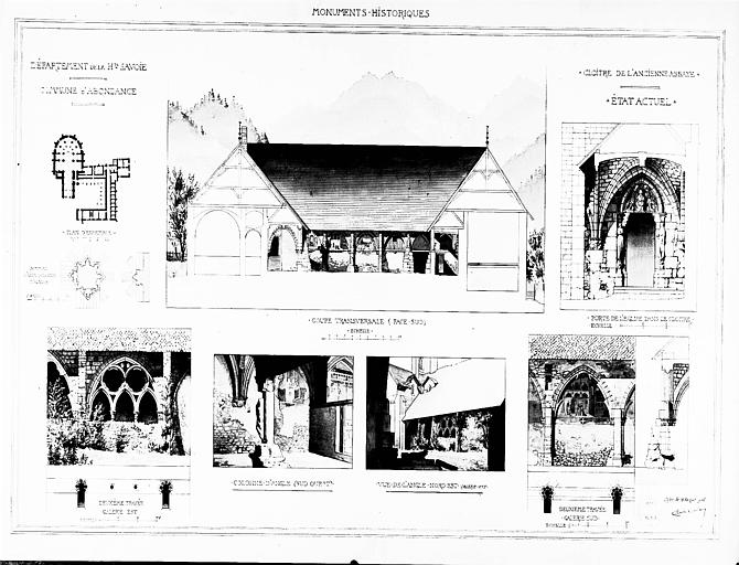 Plan du cloître : coupe tranversale sud, détails des travées