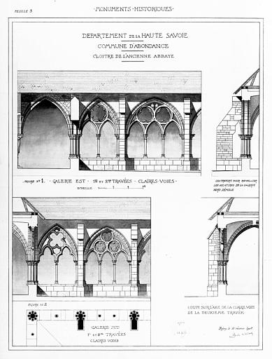 Plan du cloître : élévation de la galerie est et de la galerie sud, deux travées