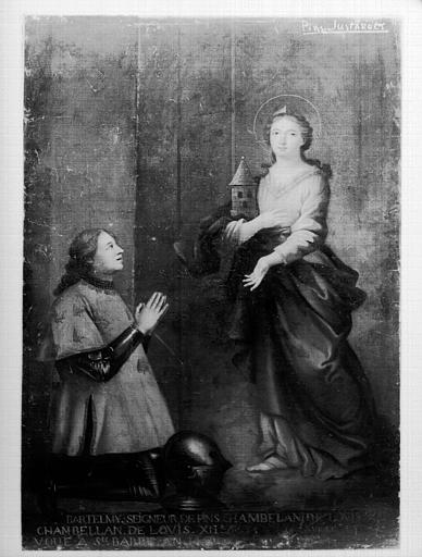 Peinture sur toile : Barthélémy seigneur de Pins agenouillé devant sainte Barbe, état avant restauration