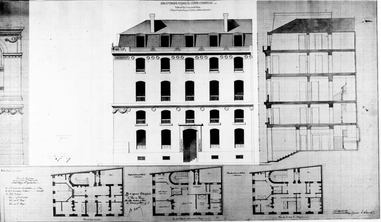 Plans du bâtiment de l'administration, coupe et élévation