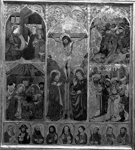 Panneau de retable : Crucifixion, Annonciation, Adoration et Martyre de saint Sernin