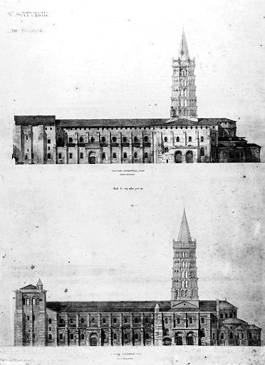 Dessin au lavis de la façade latérale sud : avant et après sa restauration