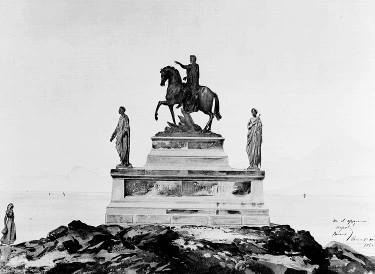 Dessin aquarellé de l'ensemble face à la mer : statue de Napoléon Bonaparte et de ses frères