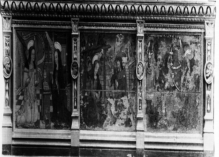 Retable à trois panneaux peints : Annonciation, Nativité, Adoration des Mages, état avant restauration