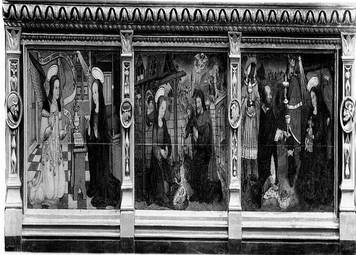 Retable à trois panneaux peints : Annonciation, Nativité, Adoration des Mages, état après restauration