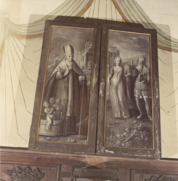 retable de l'autel saint Nicolas, vue partielle, représentation du sacre de saint Nicolas et d'un abbé accompagné de son saint patron - © Ministère de la Culture (France), Médiathèque  du patrimoine et de la photographie (objets mobiliers), tous droits réservés