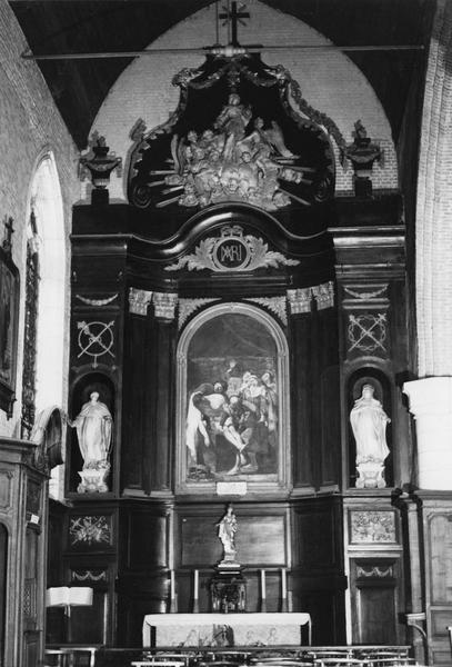 autel, retable, statues : sainte Catherine, saint Dominique, tabernacle, tableau : Mise au tombeau (autel secondaire nord, en pendant), vue générale