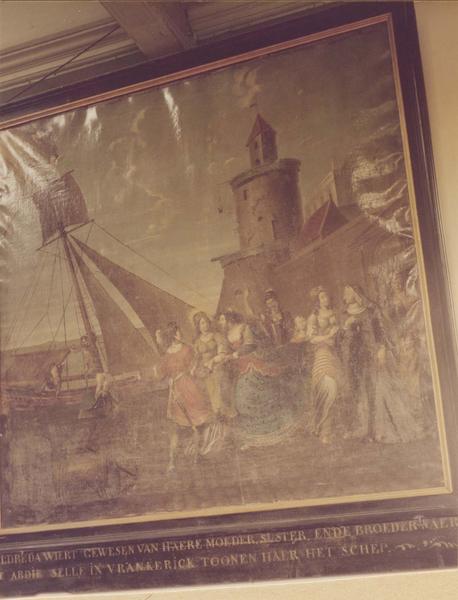 façade est, vue partielle ; tableaux (6) : Vie de sainte Mildrède, fille du roi du Sussex (la), vue partielle