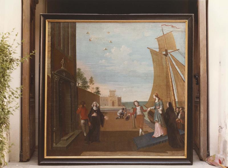 façade sud des communs, cour d'honneur, vue partielle ; tableaux (6) : Vie de sainte Mildrède, fille du roi du Sussex (la), vue partielle