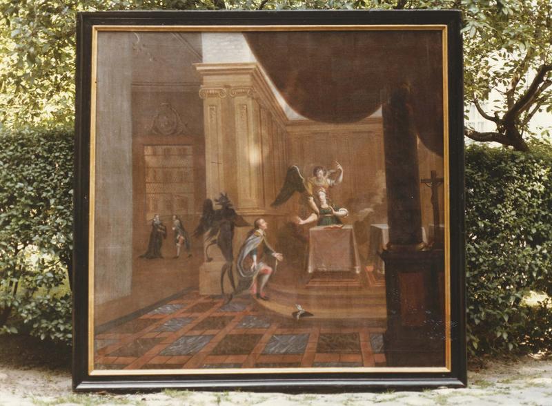 escalier, vue partielle ; tableaux (6) : Vie de sainte Mildrède, fille du roi du Sussex (la), vue partielle