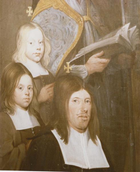 retable (triptyque) : Saint Blaise, homme et femme en donateurs, saint Léonard, détail