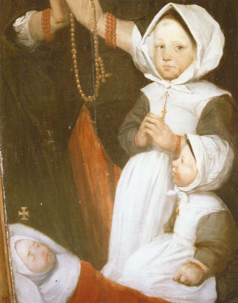 retable (triptyque) : Saint Blaise, homme et femme en donateurs, saint Léonard, détail