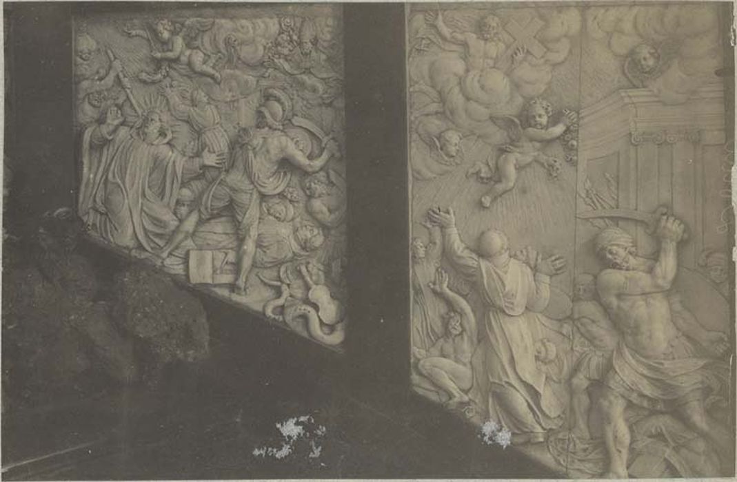6 bas-reliefs : Scènes de la prise de l'abbaye de saint Amand par les normands