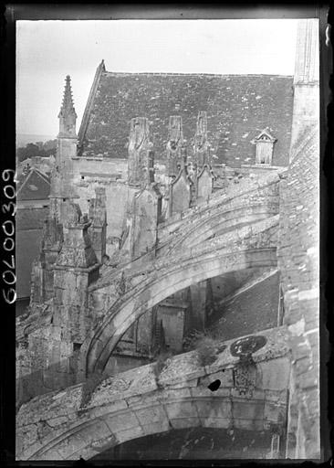 Arcs-boutants : Vue prise du dessus, en enfilade vers le transept