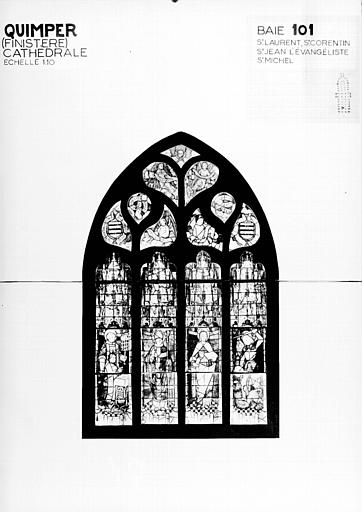 Vitrail, nef nord, baie 101 : saint Laurent, saint Corentin, saint Jean l'évangéliste, saint Michel