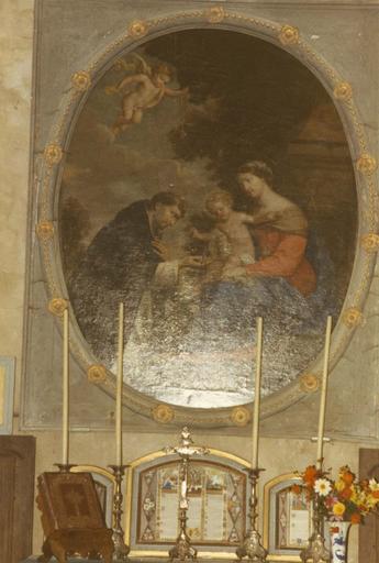 Tableau, cadre : la Vierge à l'enfant remettant le rosaire à saint Dominique de Guzman. Vue générale.