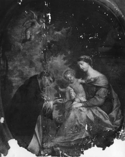tableau : la Vierge à l'enfant remettant le rosaire à saint Dominique de Guzman. Avant restauration.